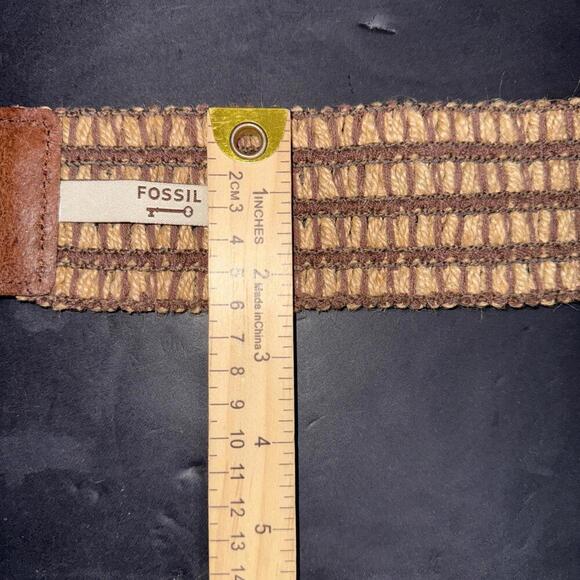 Vintage Fossil Wide Stretch Cinch Waist Belt Leather Woven Gold Buckle Boho - Picture 11 of 12